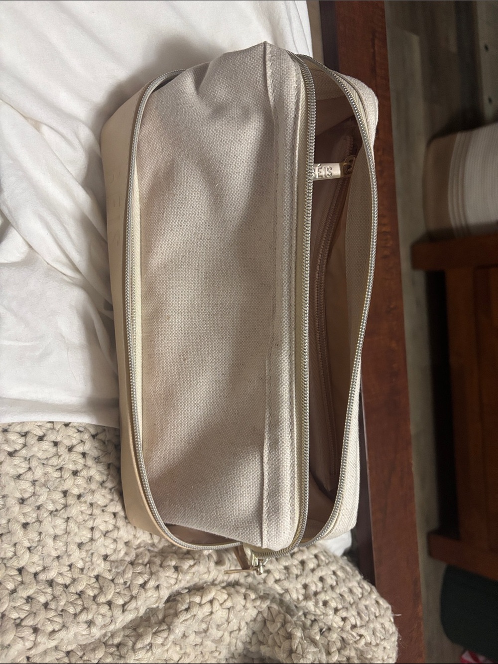 BEIS Cream Canvas Double-Zip Cosmetic Case